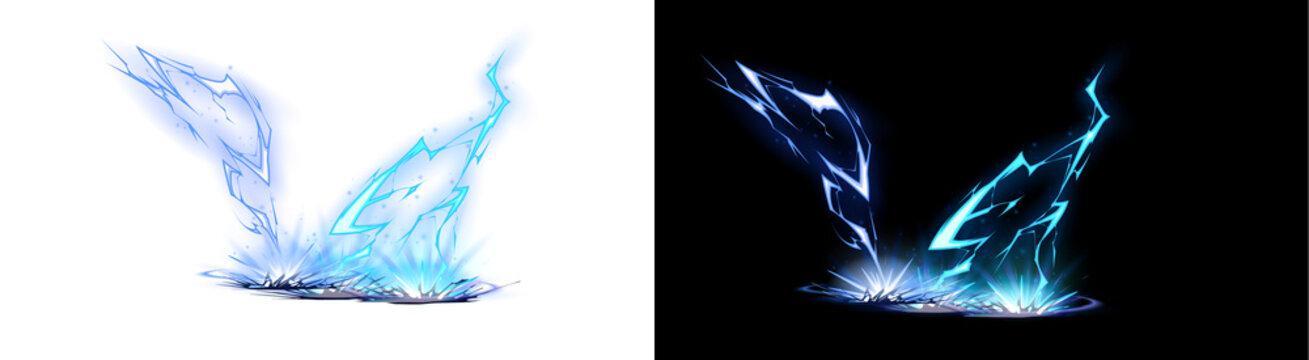 A PNG image of Vibrant blue and white lightning strike visual effect depicting an energetic ground impact and electric discharge animation on transparent background