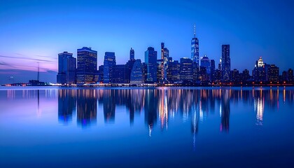 Fototapeta premium Skyline urbano al atardecer con reflejo en el agua