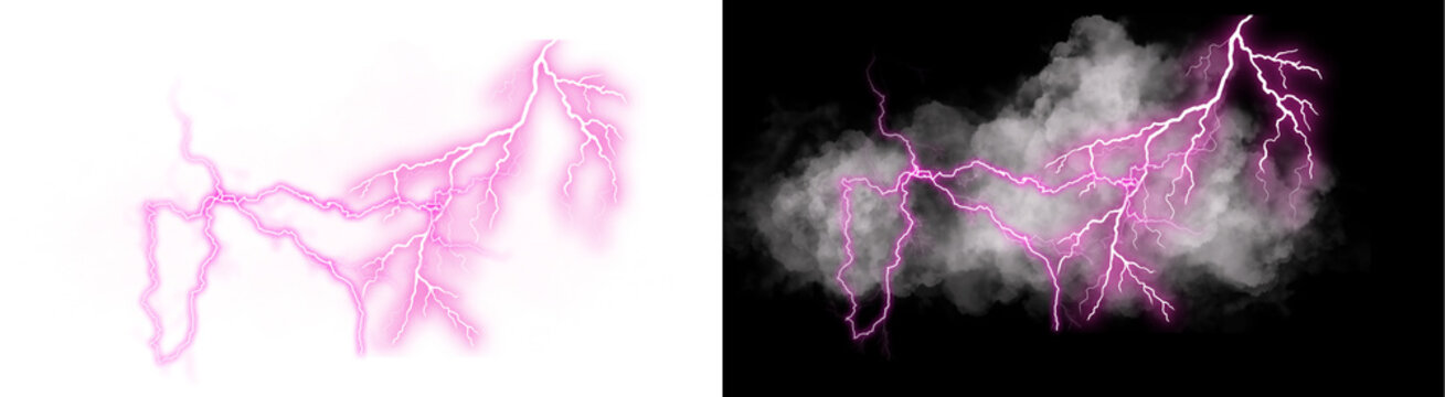 A PNG image of&nbsp;Vivid pink lightning strikes illuminate wispy white storm clouds creating a dramatic electrical discharge effect on transparent background