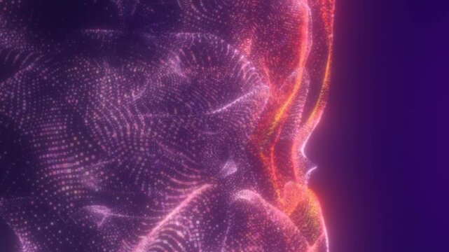 Purple neon particle terrain forming an abstract digital wave