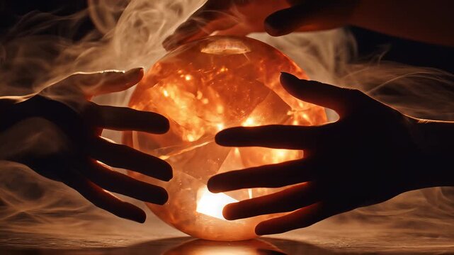 Mysterious hands holding a glowing crystal ball surrounded by smoke.