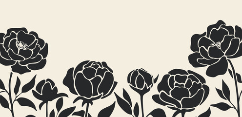 Floral background with black peony silhouettes and copy space © Anna Volkova