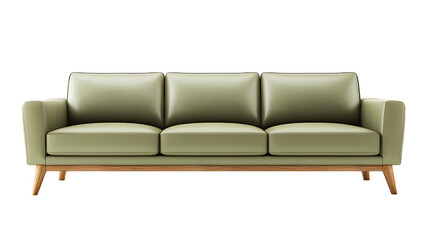 Fototapeta premium Three seat modern leather sofa with wooden legs in light green color isolated on a transparent background