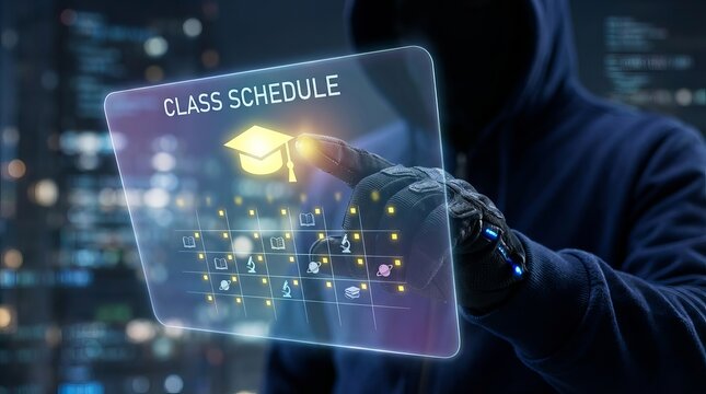 Hacker Accessing Digital Class Schedule via Futuristic Holographic Interface