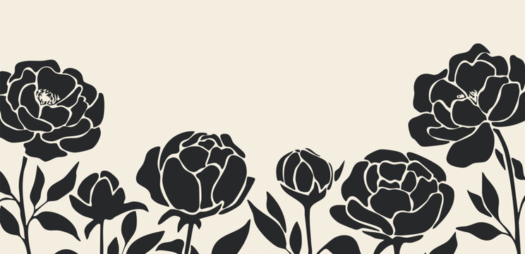 Floral background with black peony silhouettes and copy space