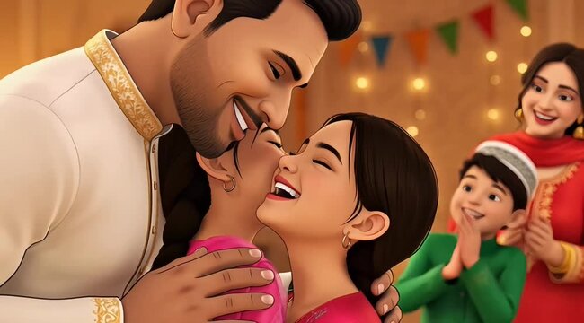 Happy family celebrating together in traditional Indian clothing at home