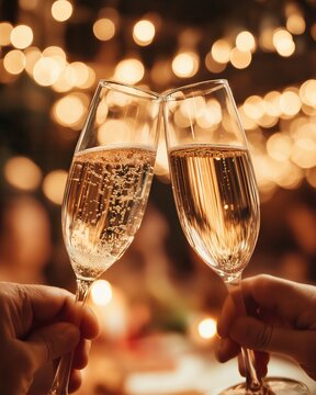 Lovers toasting champagne glasses valentine celebration cl d bfe dadaRomantic couple toasting champagne glasses golden bokeh lights celebration love happiness festive atmosphere elegant evening