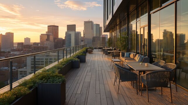 Modern rooftop terrace with city skyline view, outdoor seating, glass railing, potted plants, and warm sunset light creates relaxing urban atmosphere for social gatherings or business meetings