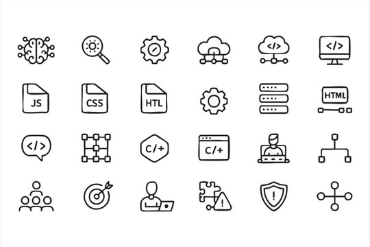 Software development outline icons with programming code and cloud