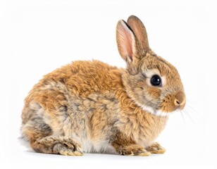 Obraz premium Small adorable fluffy brown domestic rabbit with expressive dark eyes sits calmly on a clean white background in a professional studio setting