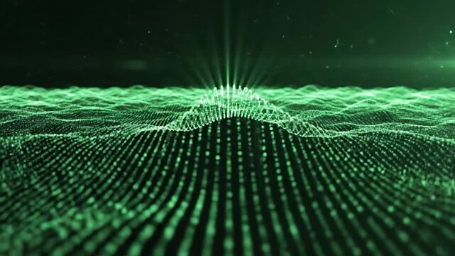 Abstract green digital particle wave landscape on a dark background