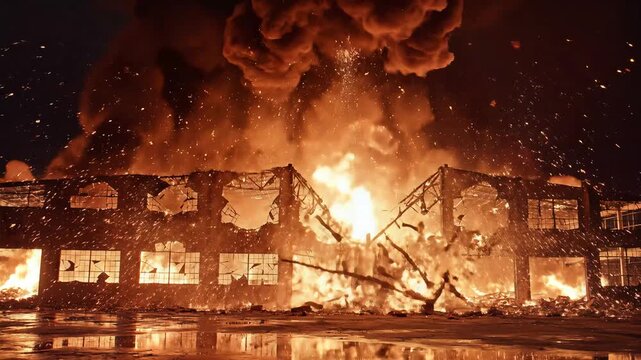 Large building engulfed in massive fire at night with smoke and flames.