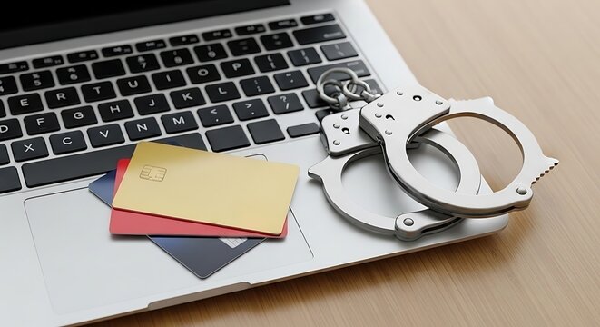 Handcuffs and credit cards on a laptop keyboard symbolizing financial crime and arrest