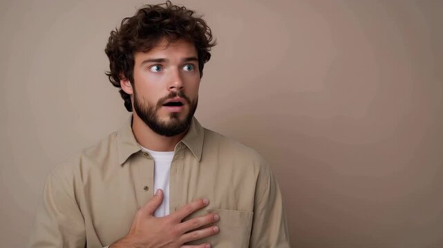 Confused man holding hand to chest looking around in complete bewilderment on beige studio background