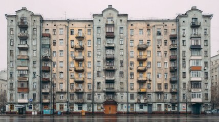 Urban soviet-era apartment facade in grayscale. Artificial intelligence image