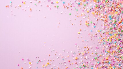 Multicolored sugar sprinkles on pastel pink surface. Artificial intelligence image