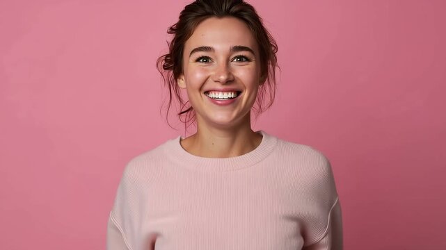 Excited woman spreading arms in delight celebrating success on pink studio background
