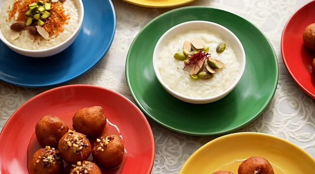 Delicious Indian dessert plates with rice pudding and sweet dumplings