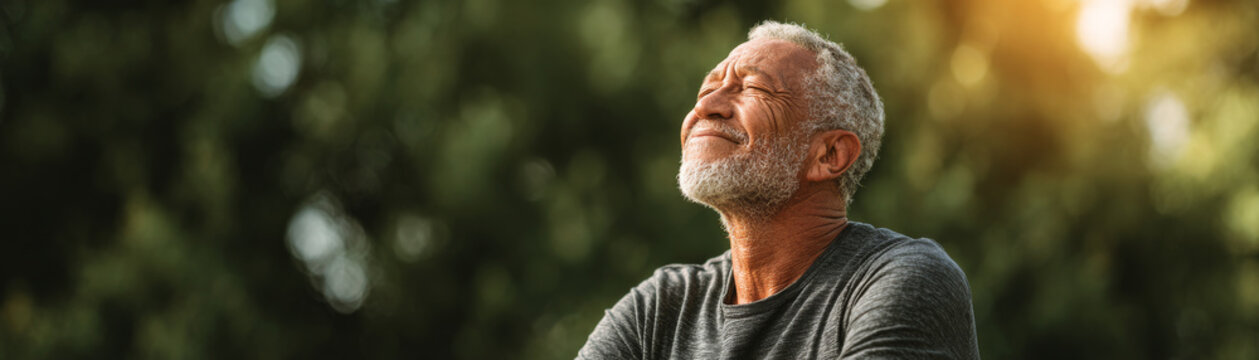 Senior man outdoor sunlight relaxation wellness meditation peaceful portrait, gray hair and beard, eyes closed, breathing deep, enjoying warm evening light in nature