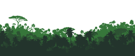 Green tropical jungle silhouette vector illustration with layered rainforest, palm trees, and dense foliage, ideal for backgrounds, travel designs, posters, and nature themed graphics © Arun