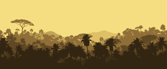Tropical jungle silhouette landscape with palm trees and layered forest against warm sunset sky, panoramic nature background ideal for travel, adventure, and exotic design projects © Arun