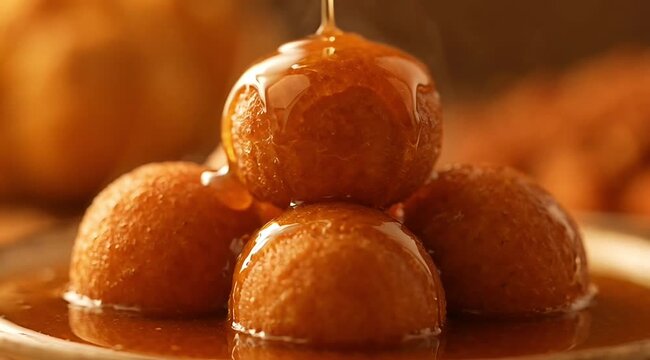 Delicious sweet Gulab Jamun dessert being drizzled with syrup