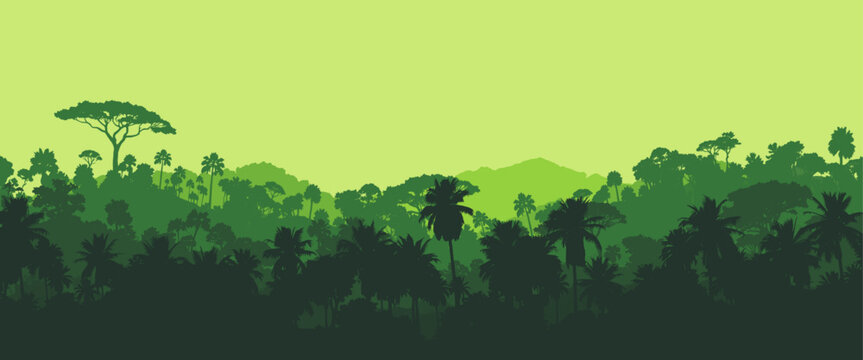 Tropical jungle landscape with layered rainforest trees, palm silhouettes and distant mountains in green tones, vector illustration background ideal for nature, travel, and eco design