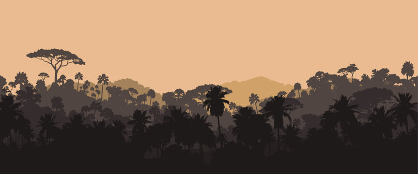 Tropical jungle landscape at sunset with layered rainforest trees, palm silhouettes and distant mountains in warm earth tones, vector illustration background for travel, nature, and adventure design