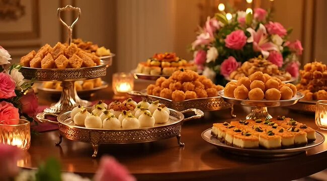 Elegant dessert table with beautiful floral arrangements and soft candlelight