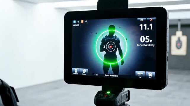 Woman aiming handgun with laser sight at indoor shooting range, practicing target acquisition and marksmanship skills, focused on digital feedback screen