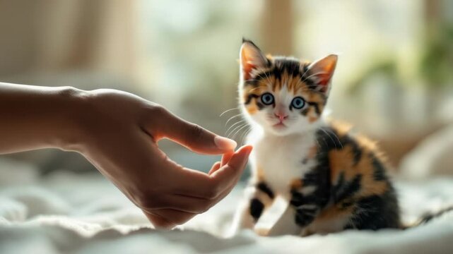 Adorable calico kitten holding hands with african woman on soft bed
