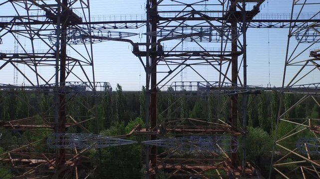 A relic of the Cold War, the Duga radar's massive steel lattice structure is shown in sharp detail near Chernobyl.