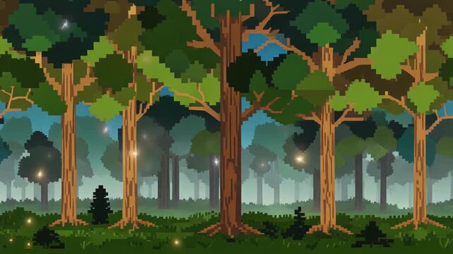 Retro pixel art forest background with layered trees and parallax scrolling, magical woods with glowing fireflies for 8-bit platformer game.