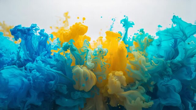 Blue and yellow ink clouds swirling in water against white background with fluid texture