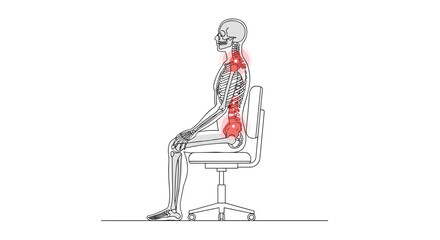 A skeletal figure sitting in a chair highlights pain and discomfort areas in the spine and neck.
