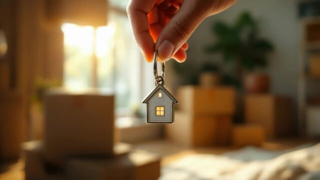 Close-up of hand holding house keychain amid moving boxes in sunlit room
