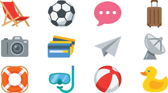 Collection of flat travel and vacation icons: beach chair, soccer ball, speech bubble, suitcase, camera, credit cards, paper airplane, satellite dish, lifebuoy, diving mask, beach ball, and rubber duc