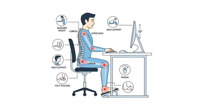 Infographic illustrates proper ergonomic guidelines for a man sitting at a computer, labeling body parts.