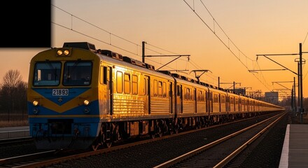 Fototapeta premium Yellow and Blue Train Traveling on Railroad Tracks during Sunset