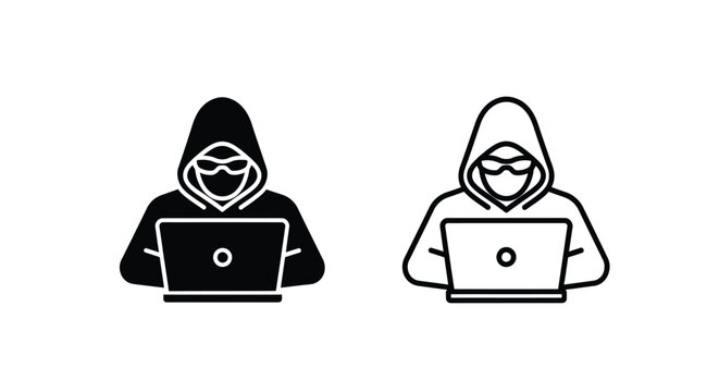 Two hooded figures using laptops in a minimalist black and white style