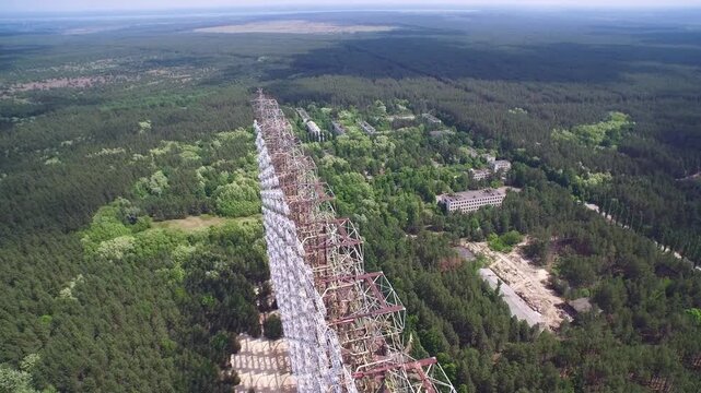 Aerial view of the massive Duga radar array in the Chernobyl Exclusion Zone, Ukraine; a relic of the Cold War.