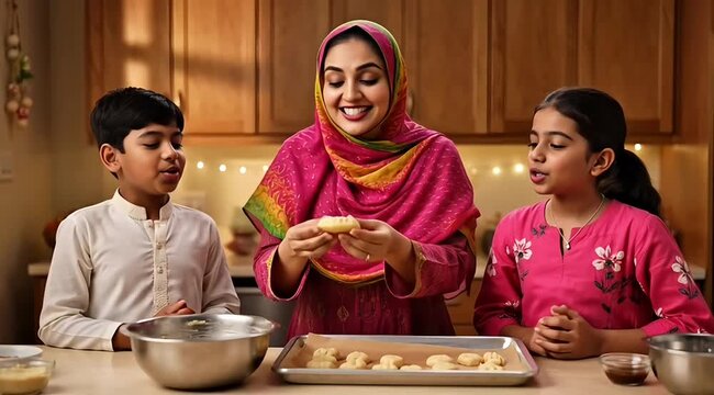 Happy Muslim family baking together in cozy home kitchen