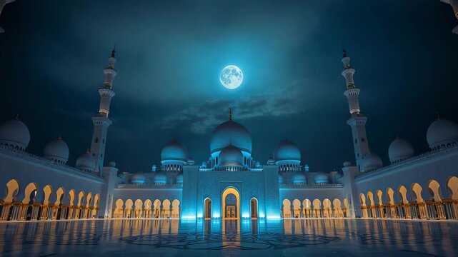 Grand mosque courtyard at night with illuminated domes and minarets under full moon