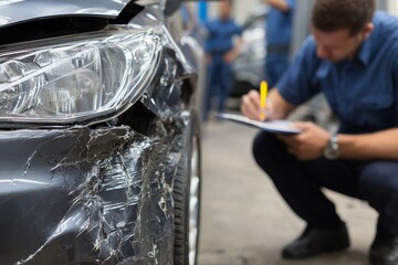 Claims adjuster documenting severe damage on dark grey car bumper in repair garage, concept for insurance claims handling, auto repair quotes and collision documentation