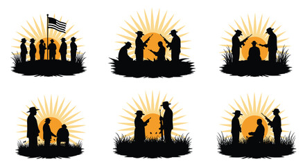 Obraz premium Silhouettes of soldiers and American flag against a sunburst background