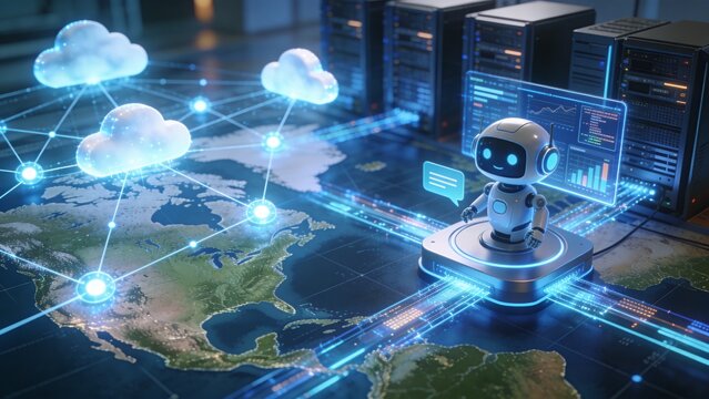 Cloud computing network with luminous nodes across global map, chatbot automation icons, and glowing data streams driving digital transformation.
