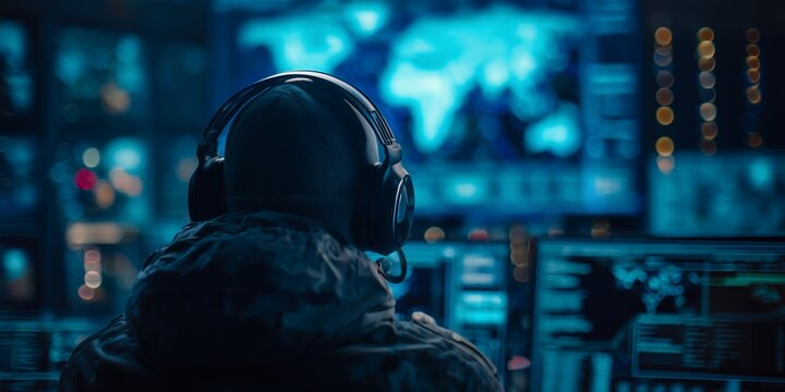 Cybersecurity specialist wearing headphones watches multiple screens with map displays in a high-tech control room, concept for global surveillance, data protection and network defense