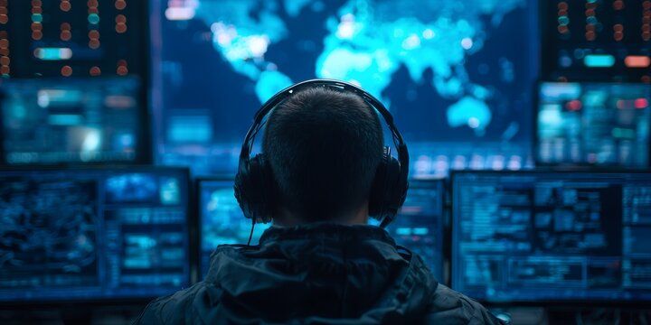 Back view of a male security analyst in headphones analyzing blue data screens and a world map, concept for cybersecurity, data protection and global surveillance