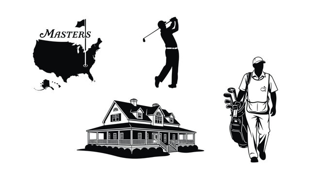 Masters golf tournament icons: USA map, golfer, caddie, and clubhouse