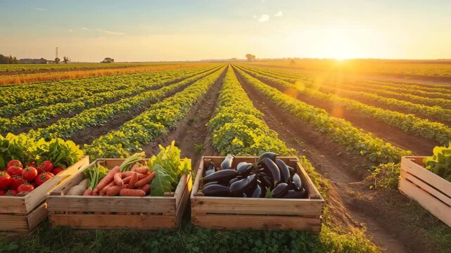 Wooden crates of fresh vegetables on farmland rows under golden sunset over cultivated field